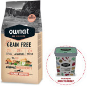 Натурална суха храна Ownat Adult Grain Free Salmon & Seаfood - БЕЗ зърнени култури за пораснали кучета от всички породи, със 71% месо от сьомга и морски дарове 14кг + подарък контейнер